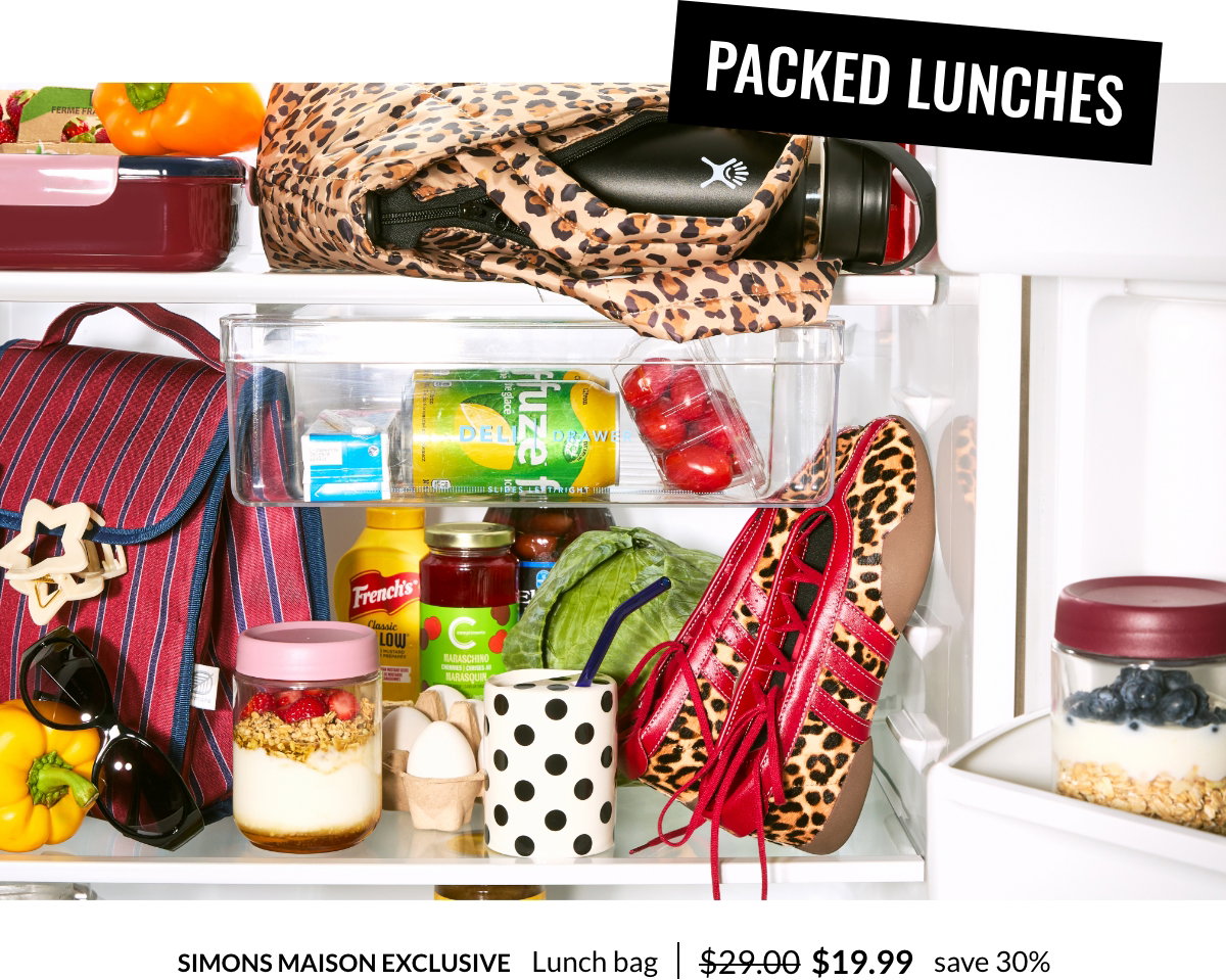 Packed lunches. The eclectic interior of a fridge filled with food, fashion items, and a variety of trendy lunch accessories, including the Wide Mouth 20 oz insulated bottle at 42$.