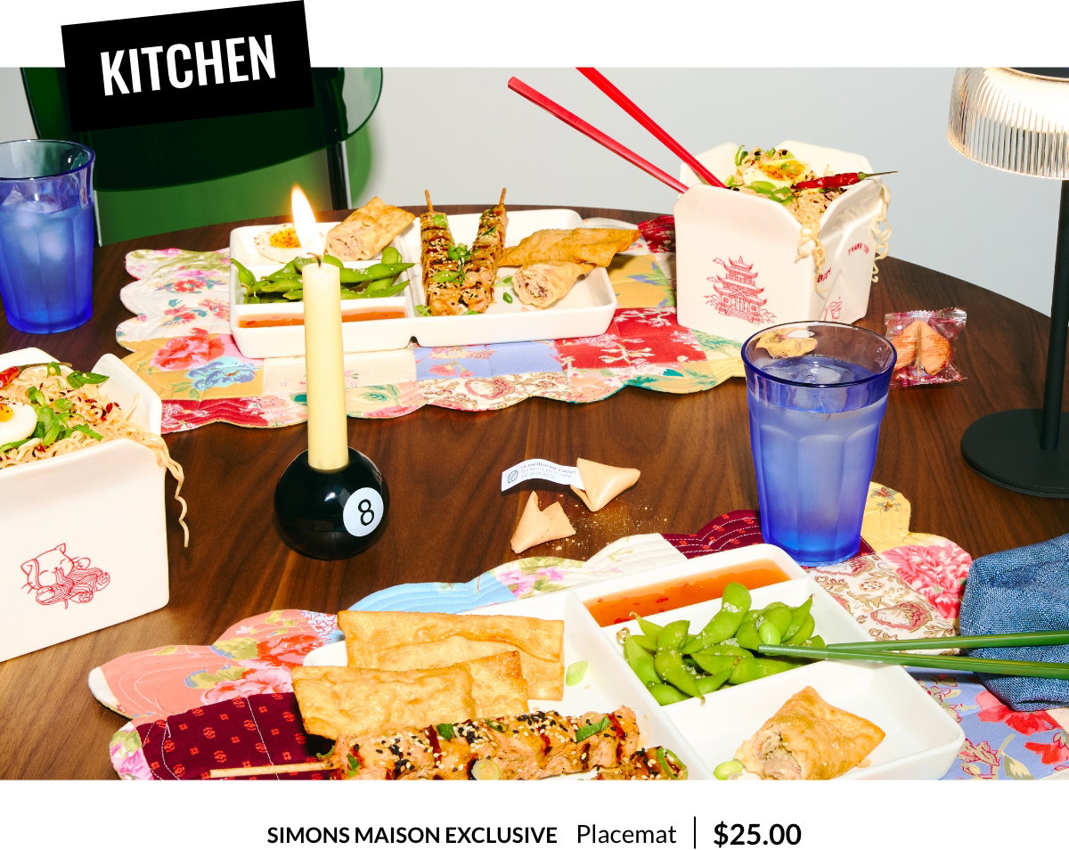 Kitchen. An Asian-style meal served on a small table, arranged among colorful accessories, including The Colourful reusable chopsticks, Set of 4 pairs at 18$ and the Pool ball candleholder at 15$.