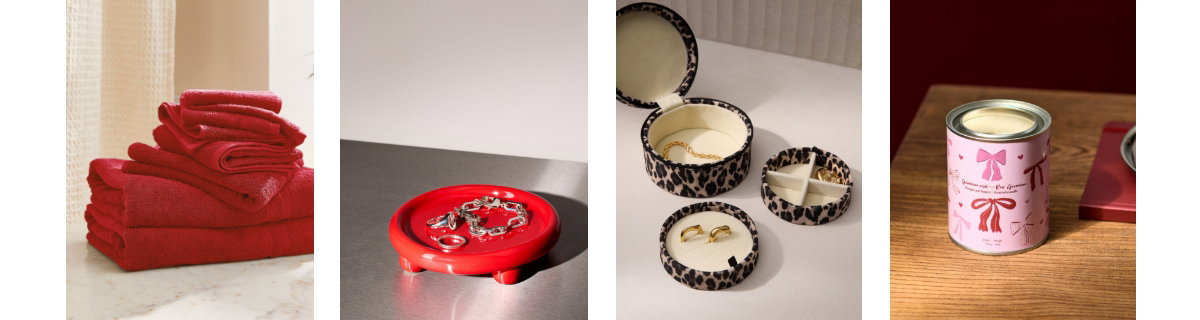 The Pure organic cotton towels, Set of 6 at 29,95$ instead of 39,95$, the Red legs small round tray at 15$, Leopard round travel jewellery box at 25$, Mini paint can scented candle at 18$.
