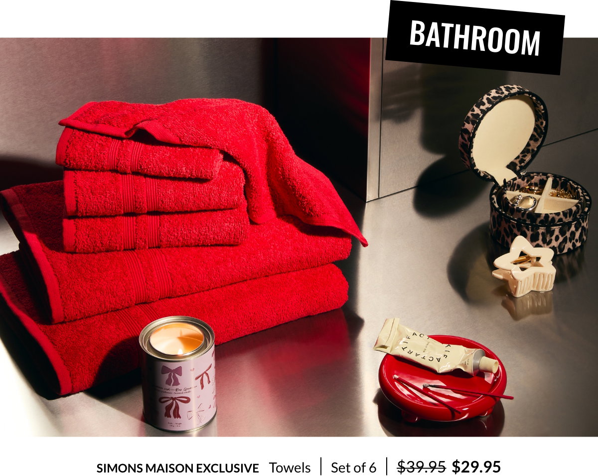 Bathroom. An assortment of towels and bathroom accessories in shades of red, including  the Glass bottle match holder, Set of 50 at 39$.