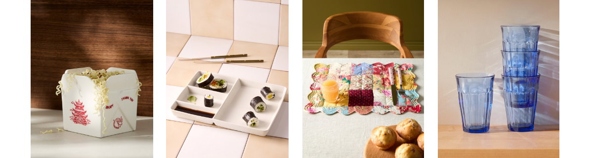 The Ramen noodle box large bowl at 18$, the White bento plate at 18$, the Floral patchwork placemat at 25$, the Picardie indigo glasses, Set of 4 at 25$.