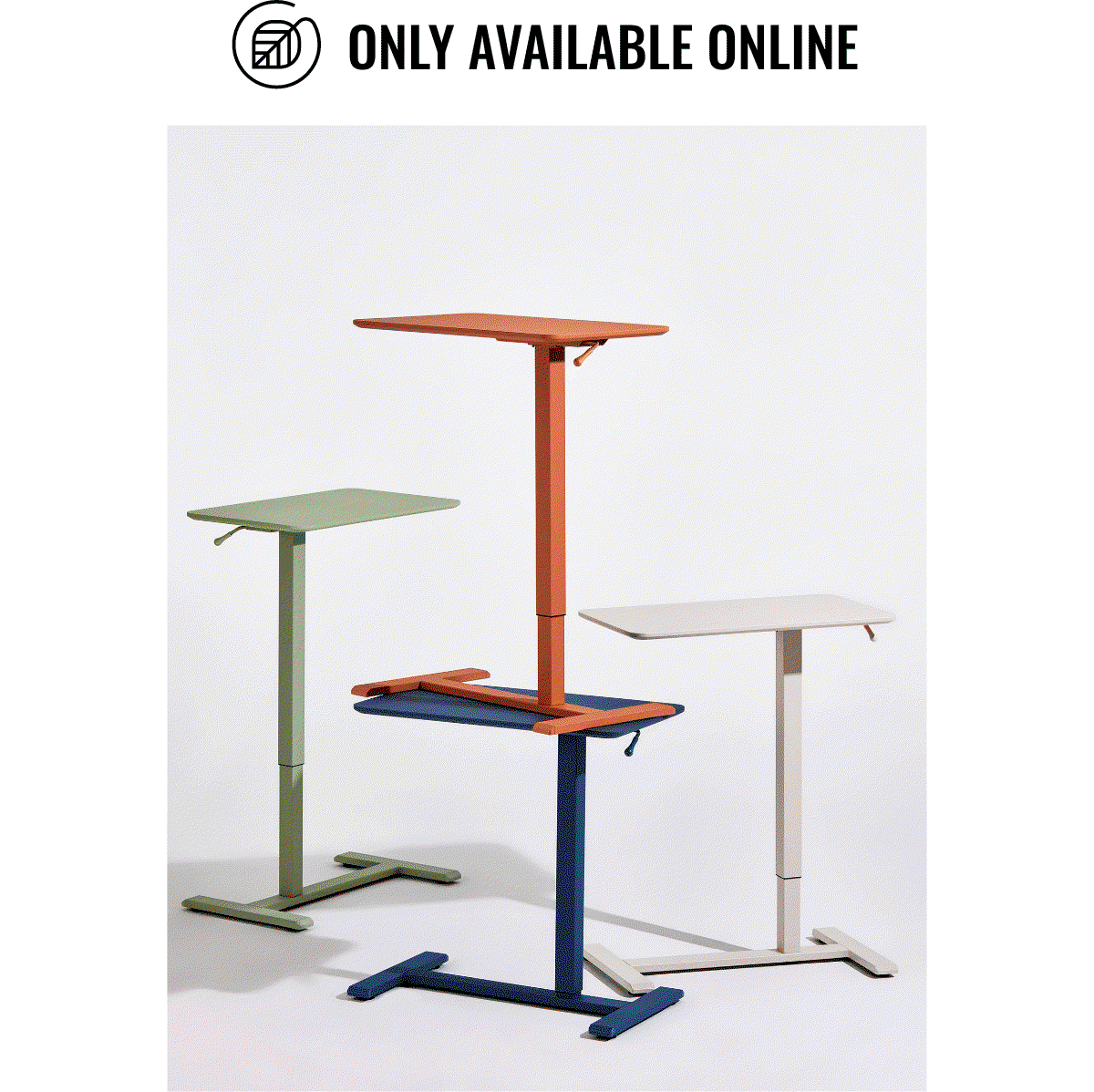  An animated GIF featuring The Boba stool at 349$, the AnyDesk Nest Pro adjustable-height desk at 399$, the AnyDesk Nest height-adjustable desk at 349$.