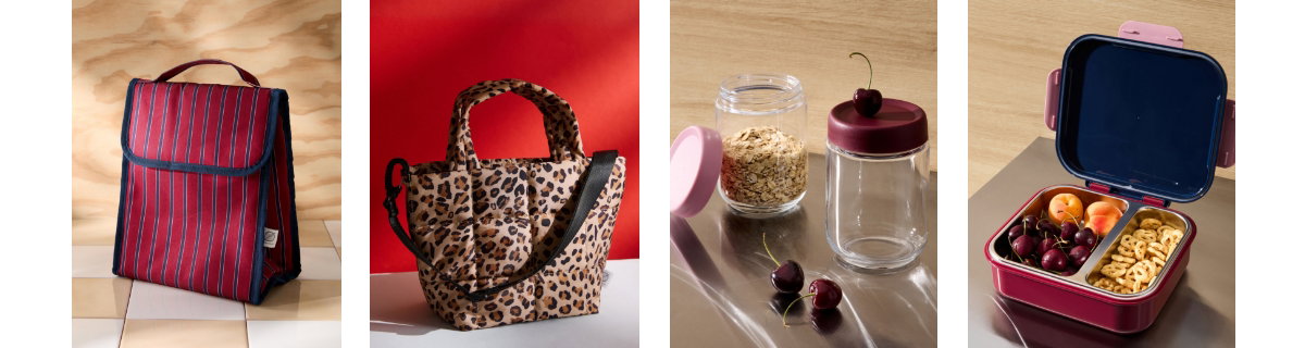 The Flap lunch bag at 19,99$ instead of 29$, the Patterned quilted lunch bag at 29,95$ instead of 39,00, the Refrigerated groat jars, Set of 2 at 15$, the Rigid lunch box with ice pack at 19,99$ instead of 29$.