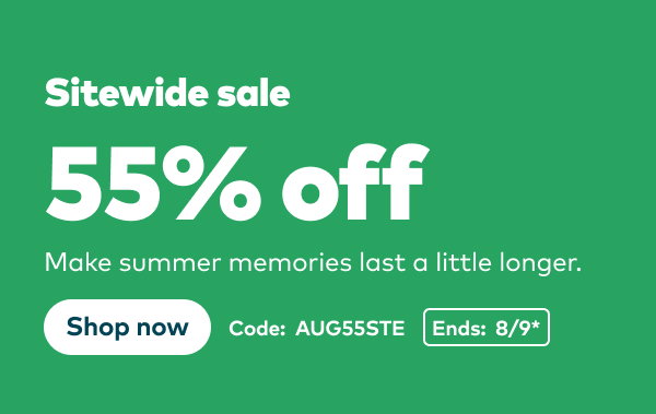 Sitewide sale 55% off. Code: AUG55STE. Ends: 8/9, see site for details. Shop now.