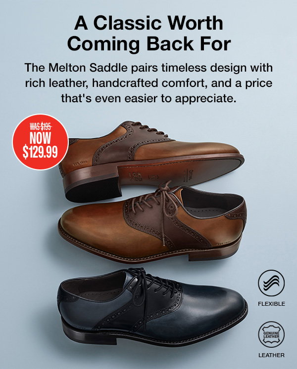 Three Melton Saddle dress shoes in brown and black leather displayed. Text reads: 