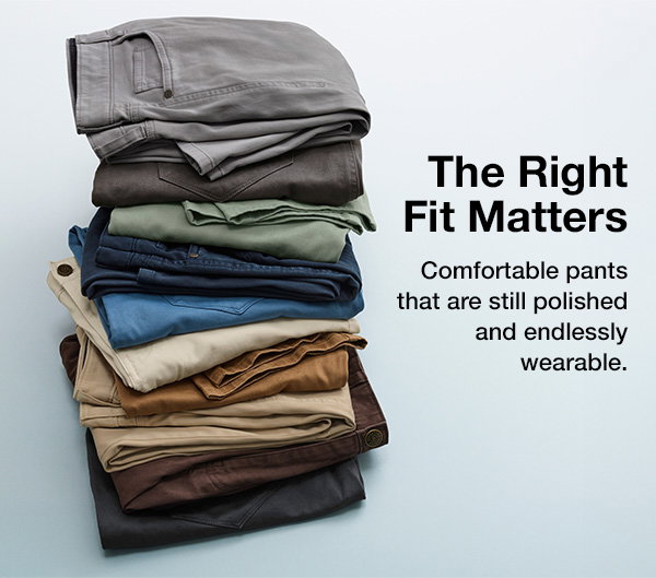 Stack of men's pants in a variety of colors folded on a light blue background. Text reads: 