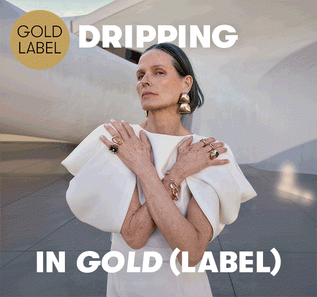 GIF of a woman wearing a white dress and statement gold jewellery and a woman in a green dress wearing white accessories.