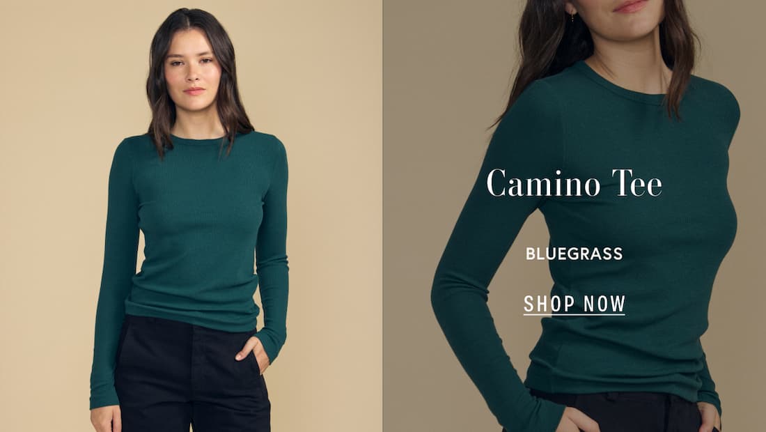 Image shows a model wearing the Camino Top in Bluegrass.