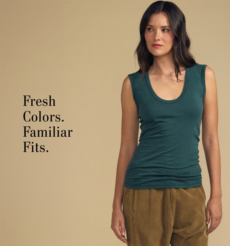 Image shows a model wearing the Marika Top in Sail.  Image shows a model wearing the Lizzie Top in Sail.  Image shows a model wearing the Odelia Top in Faded Coco.  Image shows a model wearing the Camino Top in Bluegrass. FRESH COLORS. FAMILIAR FITS.
