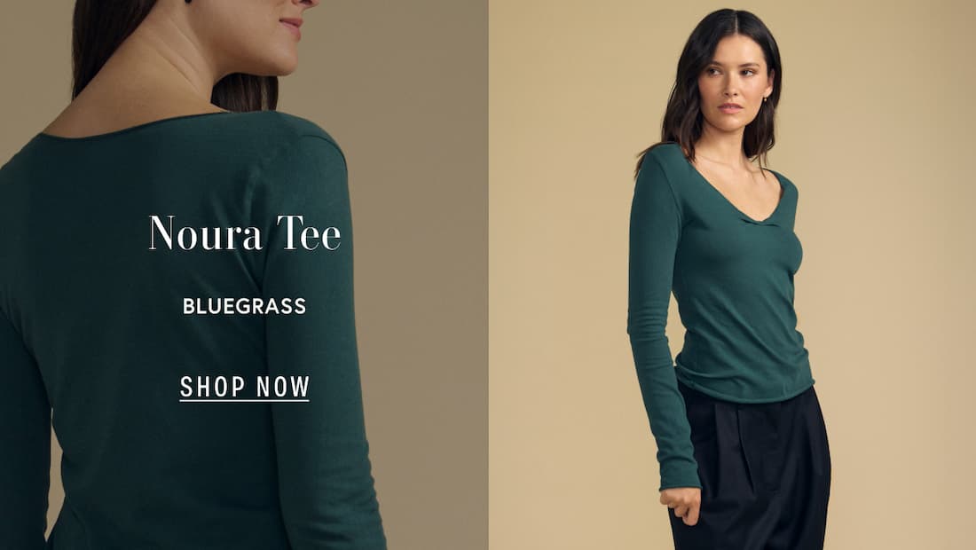 Image shows a model wearing the Noura Top in Bluegrass.