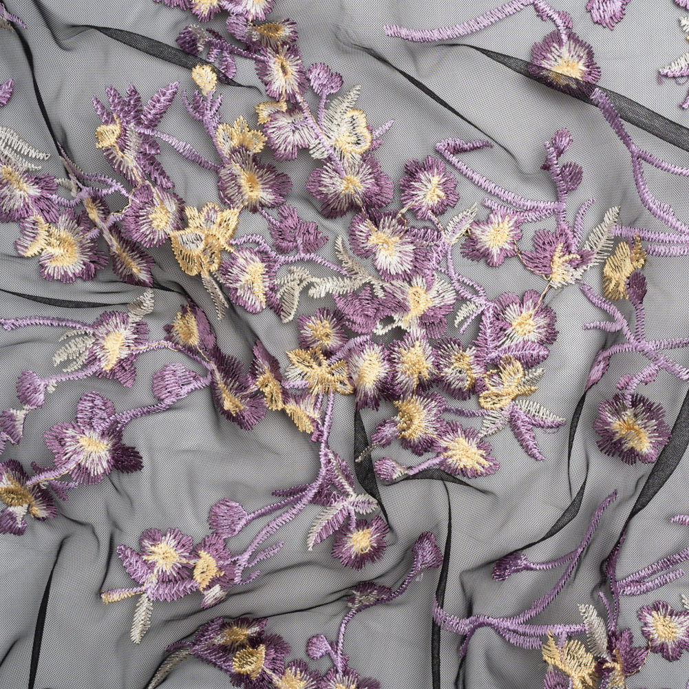 Image of Embroidered Lace on Black Tulle - Lilac, Butter Yellow and White Floral - Designer Deadstock