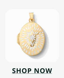 Oval gold locket pendant with engraved starburst pattern. Click here to shop now