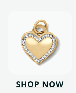 Gold heart charm pendant bordered by row of stones. Click here to shop now