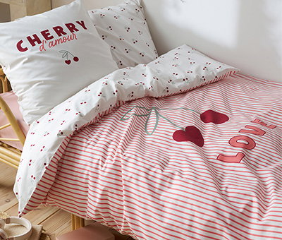 Parure housse de couette et taie d'oreiller CERISES RAYURES avec coton recyclé - rayé rouge