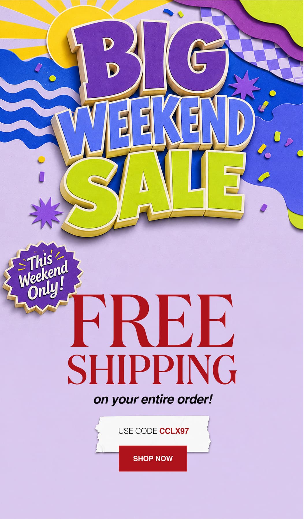 BIG Weekend Sale! Free Shipping on your entire order! Final Day!