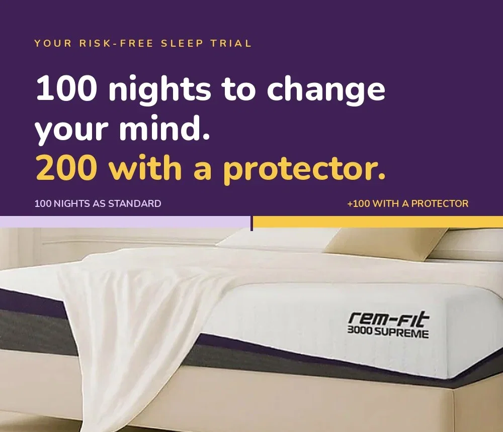 100 nights to change your mind. 200 with a protector. REM-Fit risk-free sleep trial.