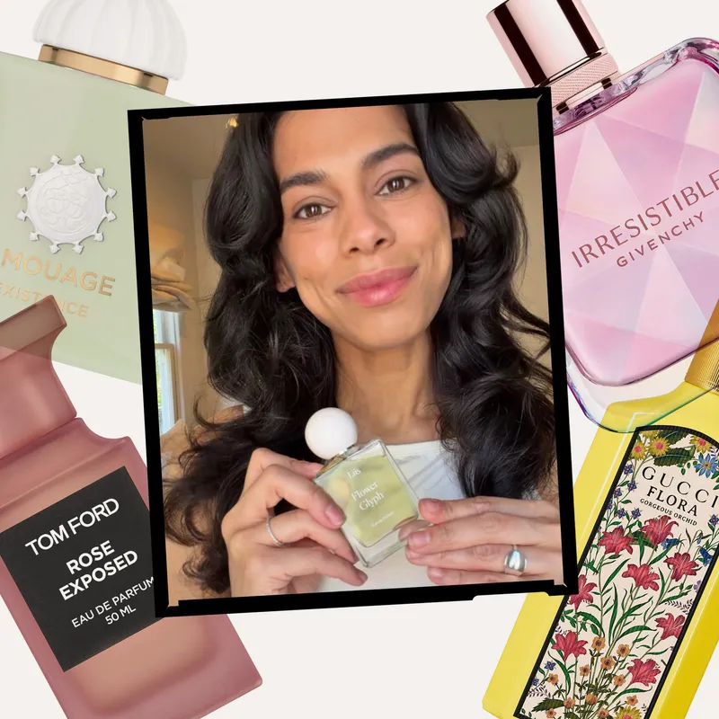 A collage of an Allure editor holding a Liis perfume bottle alongside other product silos on a light gray background