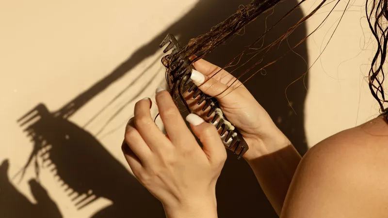 Woman moving comb through wet hair