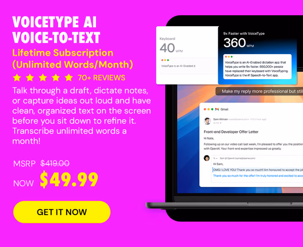VoiceType AI Voice-to-Text: Lifetime Subscription (Unlimited Words/Month)