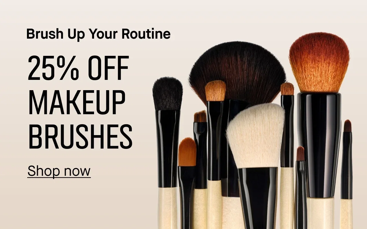 Bobbi Brown brushes in different sizes and shapes, with promo text reading, 'Brush Up Your Routine. 25% Off Makeup Brushes'.