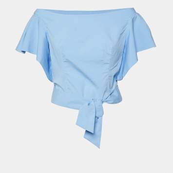 Blue Cotton Off-Shoulder Tie-U