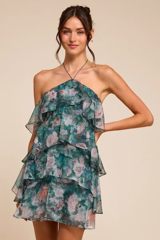 Image of Melody Teal Multi Floral Tiered Halter Mini Dress