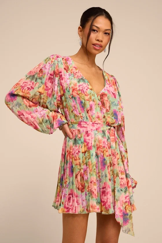 Image of Dalila Sage Multi Floral Pleated Shift Mini Dress