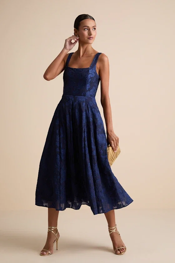 Image of Loira Navy Burnout Jacquard Lace-Up Midi Dress