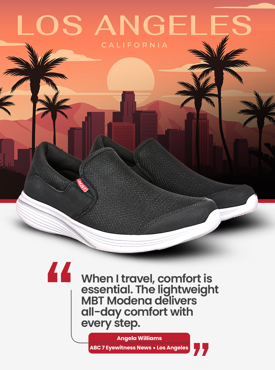 MBT Modena slip-on shoes against a Los Angeles skyline, featuring a travel comfort quote from Angela Williams of ABC7 Eyewitness News Los Angeles.
