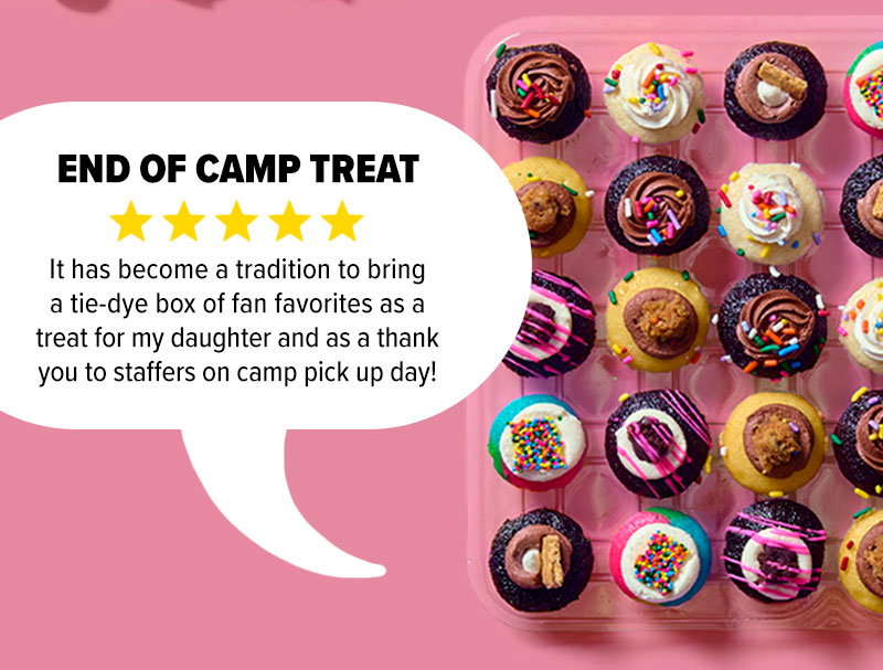 The Fan Favorites cupcake 25-Pack! One Customer said: "End of camp treat! 5 stars. It has become a tradition to bring a tie-dye box of fan favorites as a treat for my daughter and as a thank you to staffers on camp pick up day!"