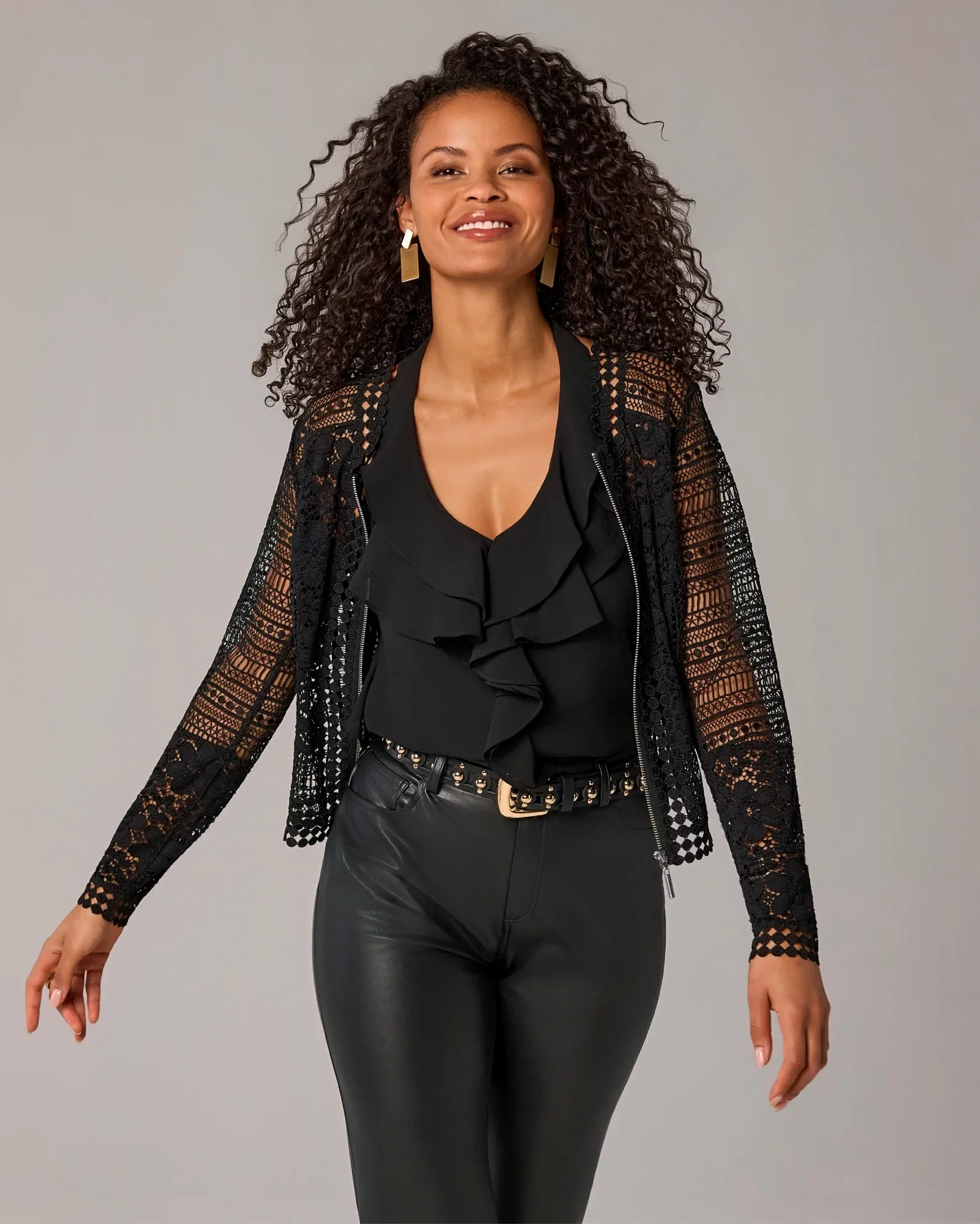 Image of Zip Up Mixed Lace Lady Jacket Black