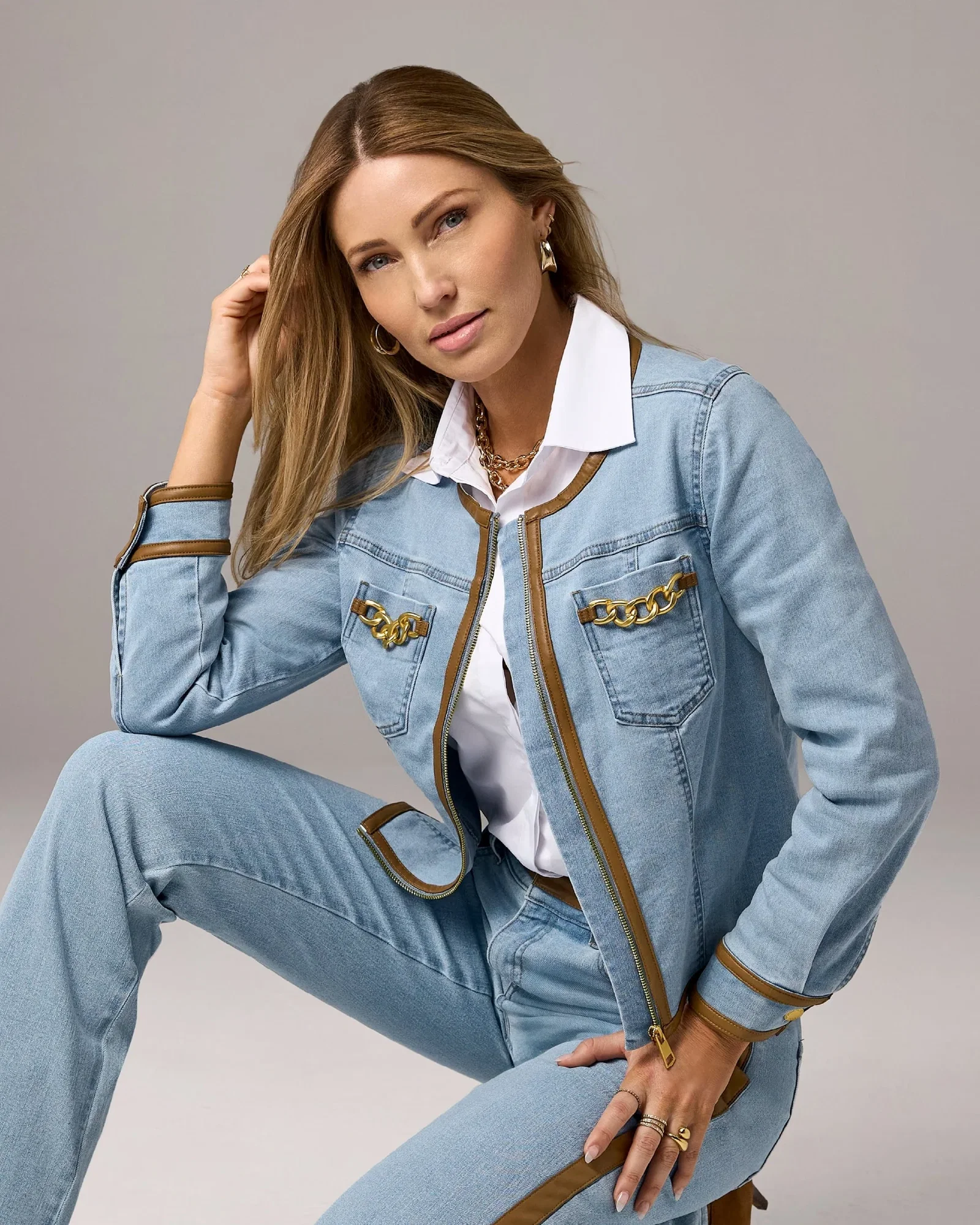 Image of Faux Leather and Chain Trimmed Zip Front Denim Jacket Medium Wash