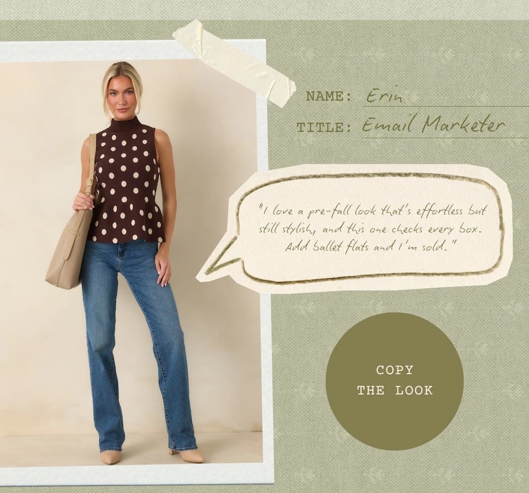 Model wearing a brown polka top with jeans. Copy the Look.