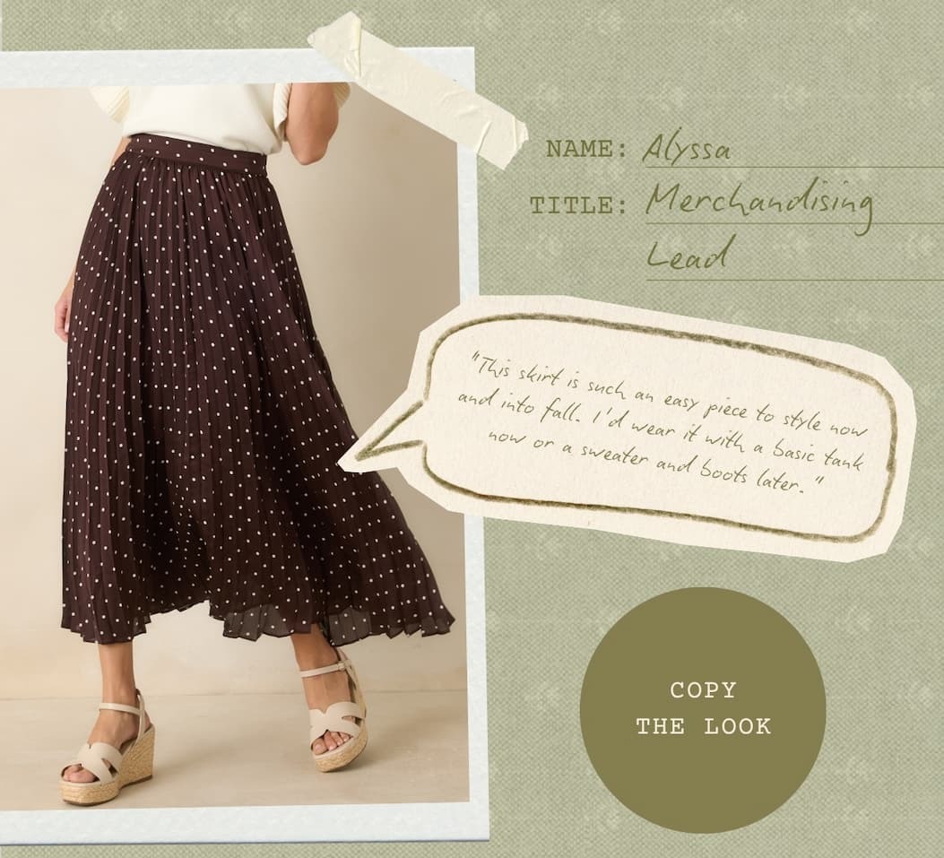 Model wearing a brown polka dot maxi skirt. Copy the Look.