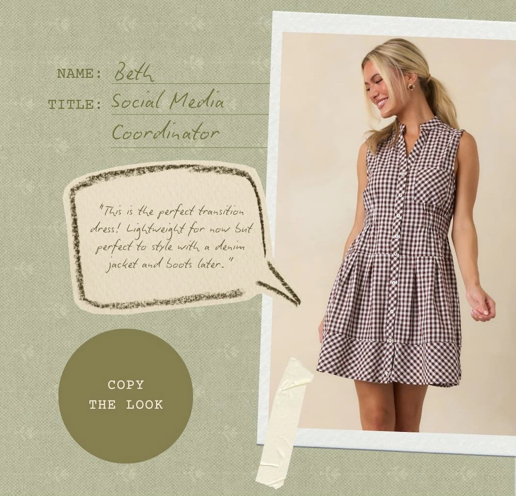 Model wearing a brown and white gingham mini dress. Copy the Look.