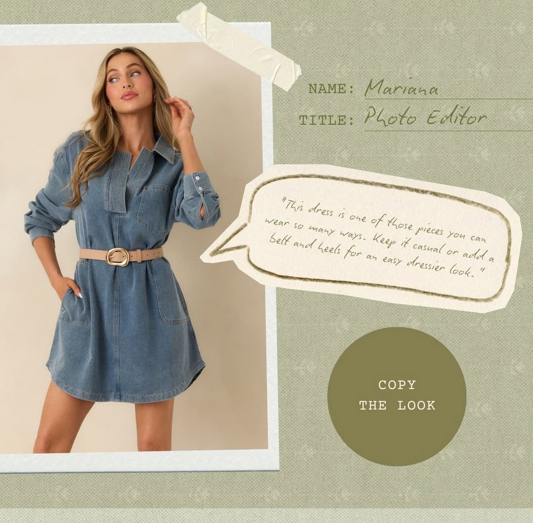 Model wearing a denim mini dress. Copy the Look.