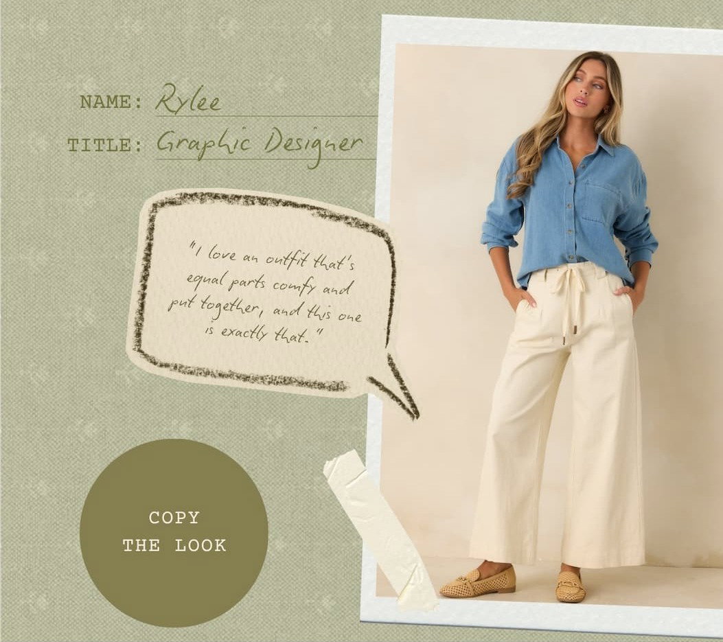 Model wearing a blue button up with beige wide leg pants. Copy the Look.