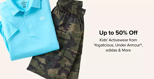 Up to 50% off kids activewear from Yogalicious, Under Armour, adidas and more. Shop now. A blue collared shirt and camo print pants.