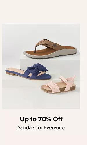 Up to 70% off sandals for everyone. Shop now. Various pairs of sandals.