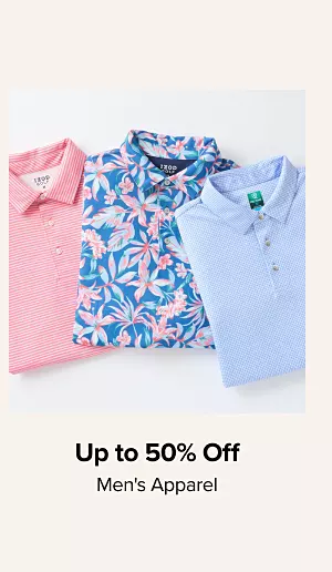 Up to 50% off mens apparel. Shop now. Three polo shirts.