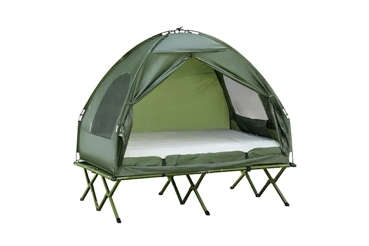 Campingtält för 2 personer med tältsäng och luftmadrass, grönt set