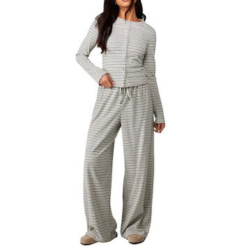 Women's Striped 2 Piece Outfit Button Down Long Sleeve Knit Top Lounge Set Leisure