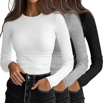 3-Pack Women's Ribbed Long Sleeve Tops – Slim Fit Crew Neck Knit Layering Tees