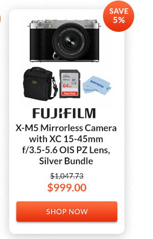 Fujifilm X-M5 Mirrorless Camera with XC 15-45mm f/3.5-5.6 OIS PZ Lens, Silver Bundle