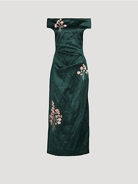 Floral-Embroidered Satin Midi Dress