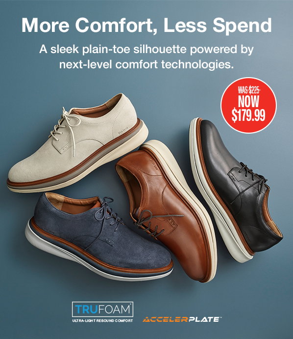 Four plain-toe dress shoes in suede and leather displayed on a blue background. Text reads: 