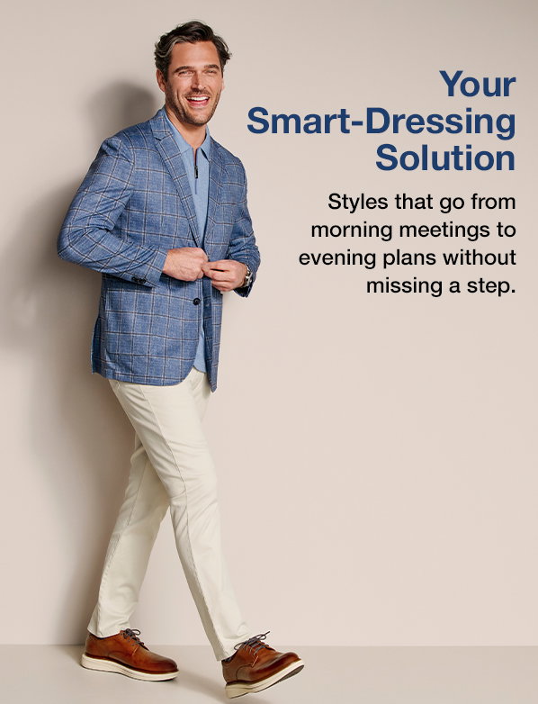 Model wearing a blue windowpane blazer, knit polo, light pants, and brown dress shoes. Text reads: 