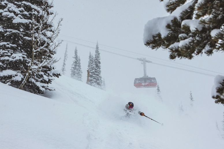Skier under tram skiing in powder