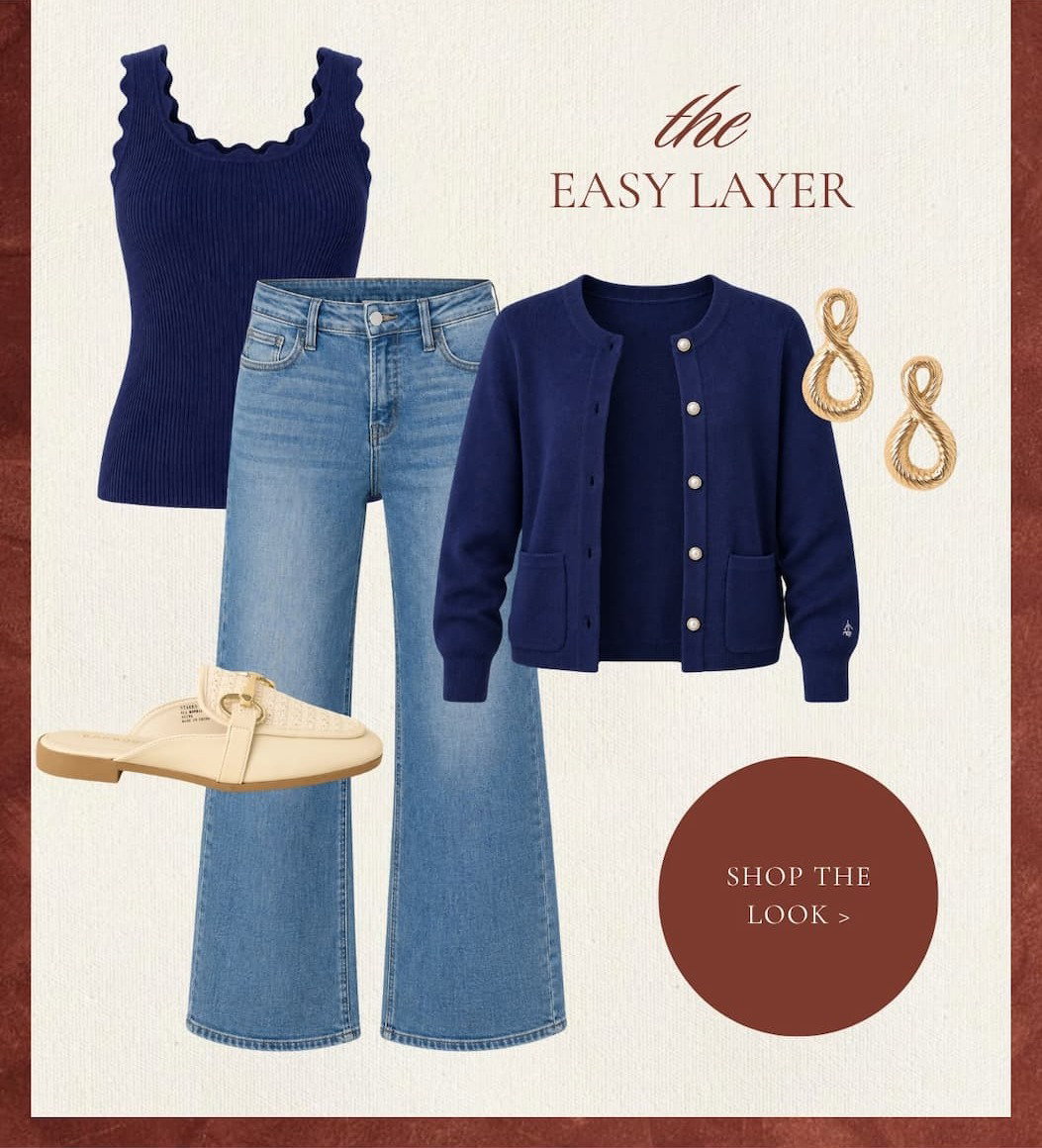 "The easy layer. Shop the Look." Cutout of a navy cardigan with a navy tank and jeans.