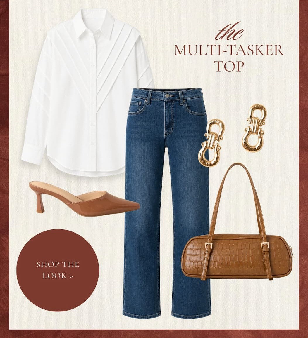 "The multitasker top. Shop the Look." Cutout of a white button up top with jeans.